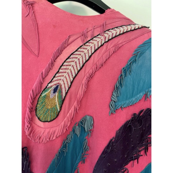Vintage Coat Womens XL Laise Adzer Pink Leather Feather Fringe Maxi Vest Duster - Picture 5 of 16